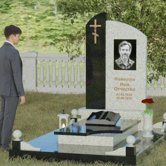 Вертикальный православный памятник комбинированный в Омске, гранит Мансуровский, вид 4
