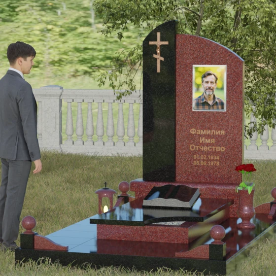 Вертикальный православный памятник комбинированный в Омске, гранит Лезниковский, вид 4