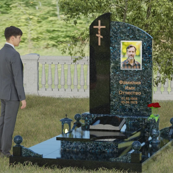 Вертикальный православный памятник комбинированный в Омске, гранит Блю Перл, вид 4