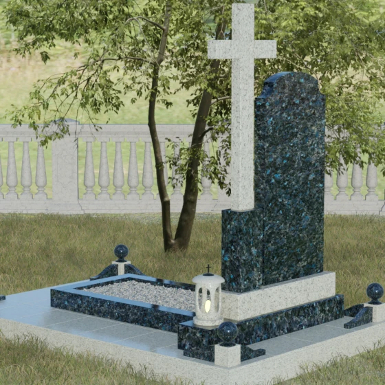 Гранитный православный памятник с крестом в Уфе, гранит Блю Перл, вид 3