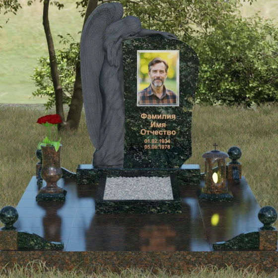 Элитный гранитный монумент со скорбящим ангелом, гранит Балтик грин, вид 2