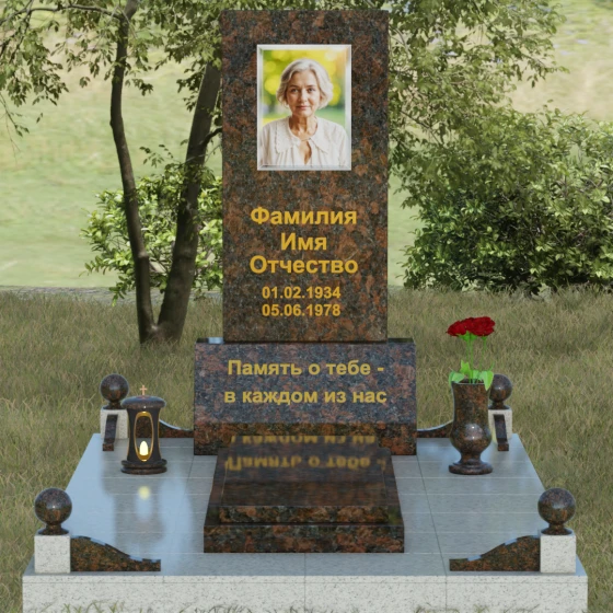 Вертикальный гранитный мемориал со строгими линиями и шарами, гранит Дымовский, вид 2