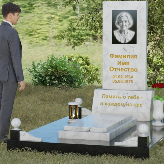 Вертикальный гранитный мемориал со строгими линиями и шарами, мрамор Тассос, вид 4