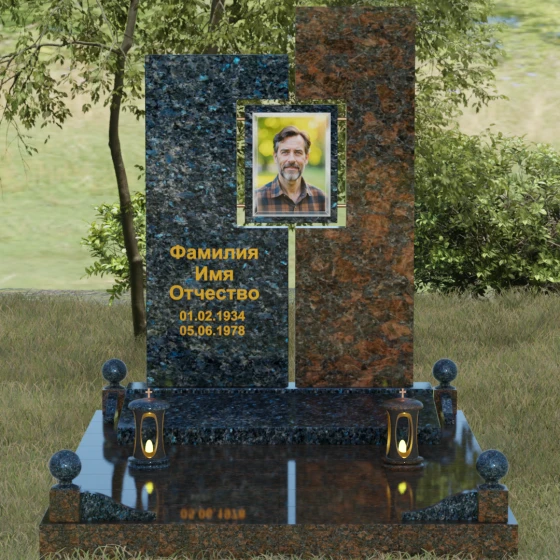 Светский комбинированный памятник в Иркутске, гранит Блю Перл, вид 2