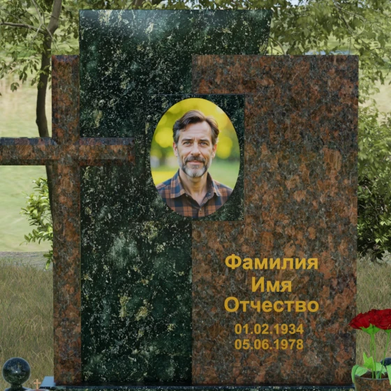 Православный комбинированный памятник в Тюмени, гранит Балтик грин