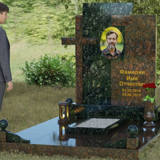 Православный комбинированный памятник в Тюмени, гранит Балтик грин, вид 4