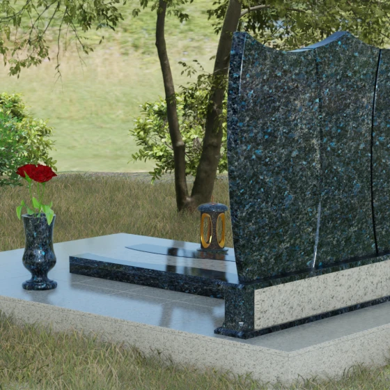 Горизонтальный комбинированный памятник с крестом в Казани, гранит Блю Перл, вид 3