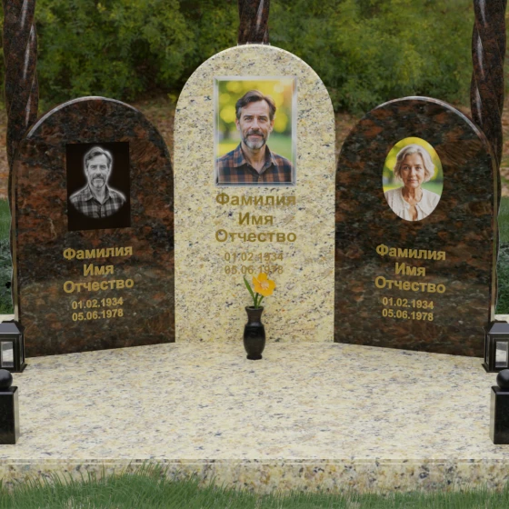 Комбинированный памятник для троих в Перми, гранит Дымовский