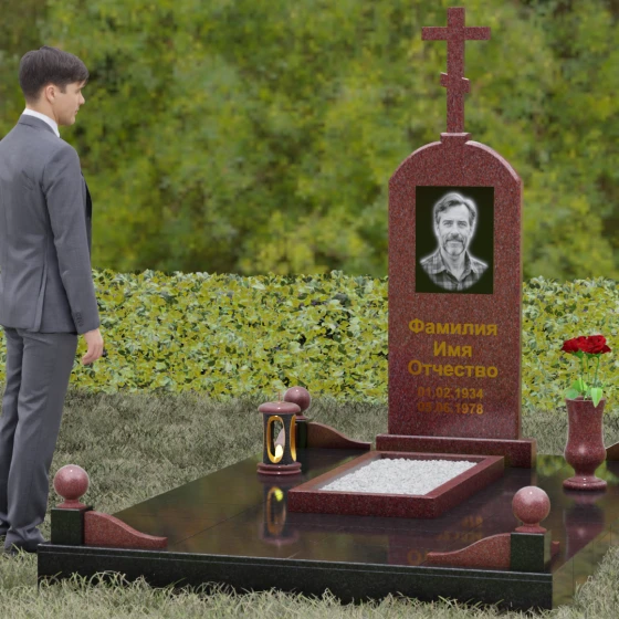 Православный комбинированный памятник с крестом в Саратове, гранит Лезниковский, вид 4