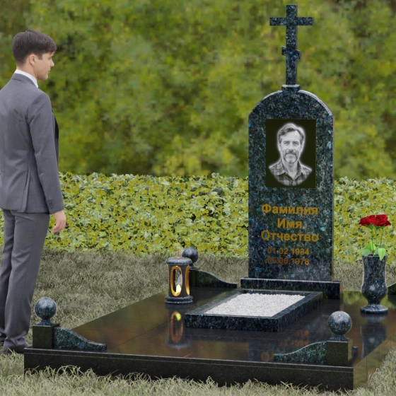 Православный комбинированный памятник с крестом в Саратове, гранит Блю Перл, вид 4