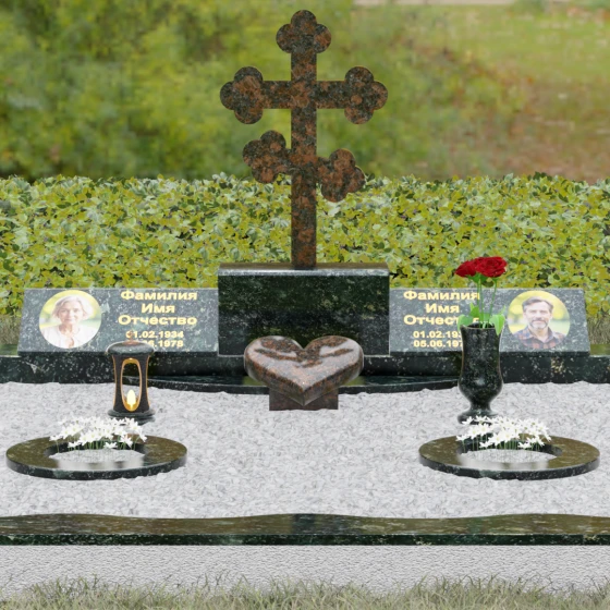 Комбинированный горизонтальный памятник в Самаре, гранит Балтик грин, вид 2