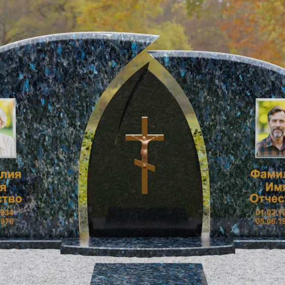 Комбинированный двойной памятник с аркой и крестом, гранит Блю Перл, в Санкт-Петербурге