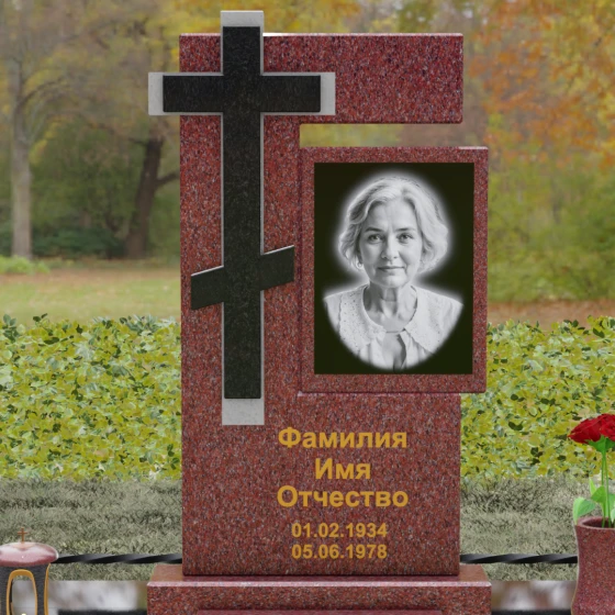 Комбинированный вертикальный памятник с крестом в Саратове, гранит Лезниковский