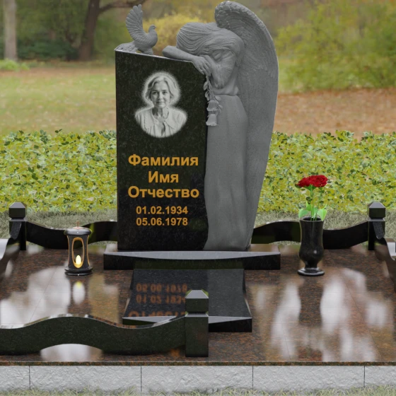 Элитный вертикальный комбинированный памятник в Перми, гранит Габбро-диабаз, вид 2