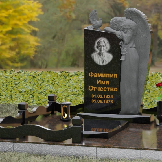 Элитный вертикальный комбинированный памятник в Перми, гранит Габбро-диабаз, вид 4