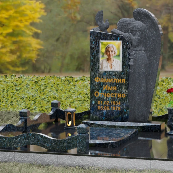 Элитный вертикальный комбинированный памятник в Перми, гранит Блю Перл, вид 4