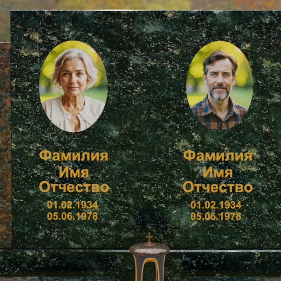 Комбинированный горизонтальный памятник для двоих в Липецке, гранит Балтик грин