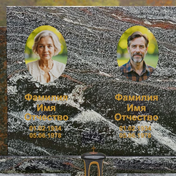 Комбинированный горизонтальный памятник для двоих в Липецке, гранит амфиболит