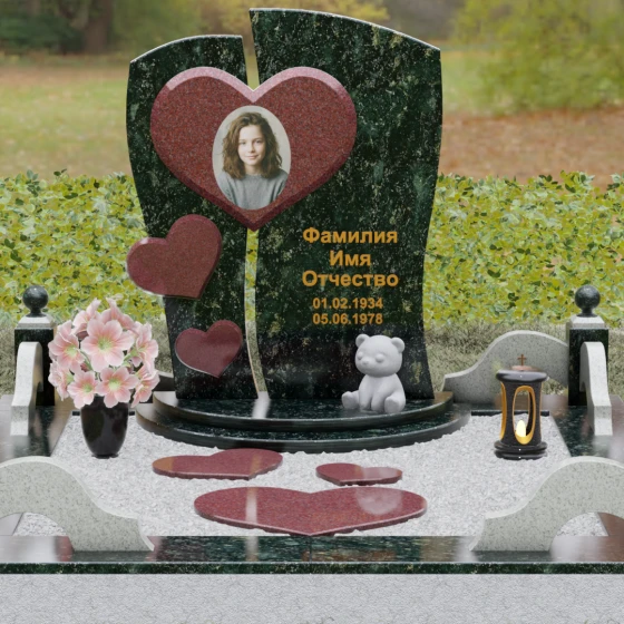 Вертикальный комбинированный памятник в Перми, гранит Балтик грин, вид 2
