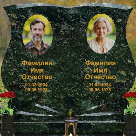 Горизонтальный гранитный памятник на двоих в Магнитогорске, гранит Балтик грин