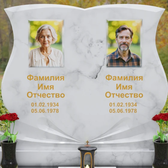 Горизонтальный гранитный памятник на двоих в Магнитогорске, мрамор Тассос
