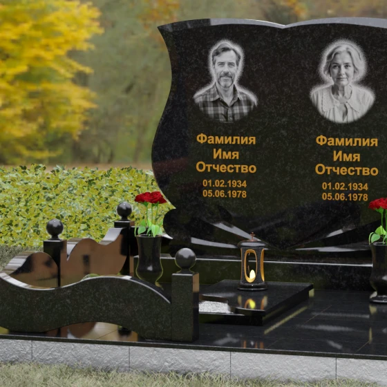 Горизонтальный гранитный памятник на двоих в Магнитогорске, гранит Габбро-диабаз, вид 4