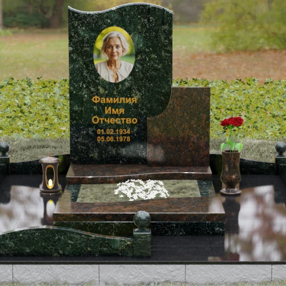 Комбинированный вертикальный памятник на одного в Саратове, гранит Балтик грин, вид 2