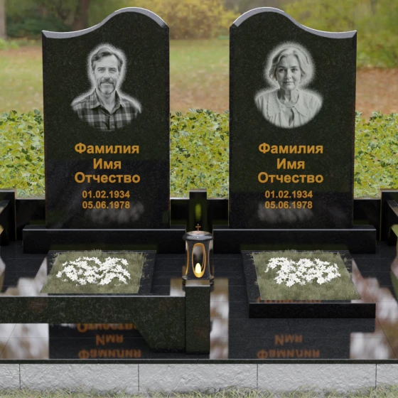 Вертикальный гранитный памятник на двоих в Омске, гранит Габбро-диабаз, вид 2