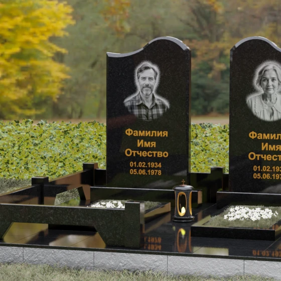 Вертикальный гранитный памятник на двоих в Омске, гранит Габбро-диабаз, вид 4