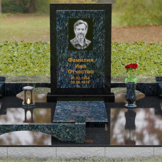Гранитный памятник с мемориальным комплексом в Самаре, гранит Блю Перл, вид 2