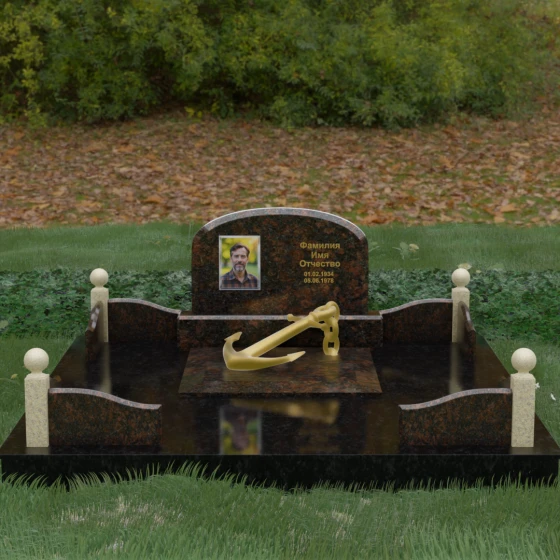 Гранитный памятник с арочной стелой и золотым якорем, гранит Дымовский
