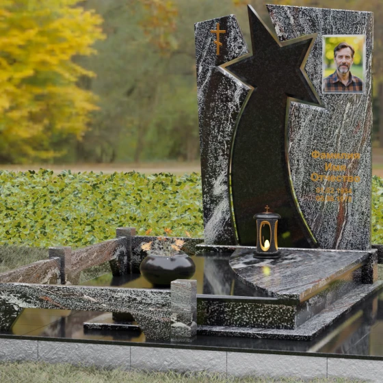 Православный вертикальный памятник с крестом в Воронеже, гранит амфиболит, вид 4