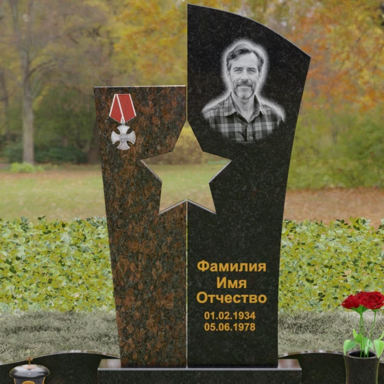Вертикальный Комбинированный памятник для одного в Ижевске, гранит Габбро-диабаз