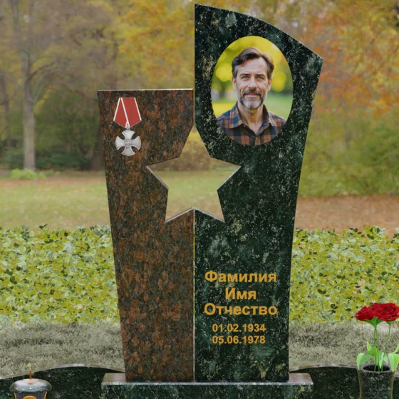 Вертикальный Комбинированный памятник для одного в Ижевске, гранит Балтик грин