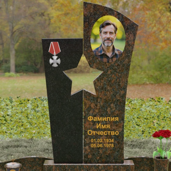 Вертикальный Комбинированный памятник для одного в Ижевске, гранит Дымовский
