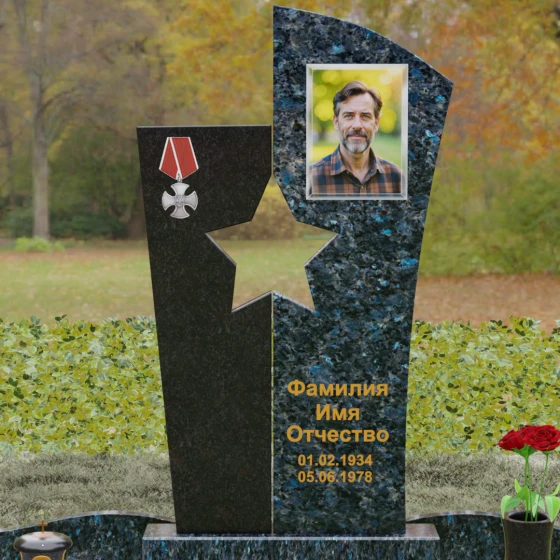 Вертикальный Комбинированный памятник для одного в Ижевске, гранит Блю Перл