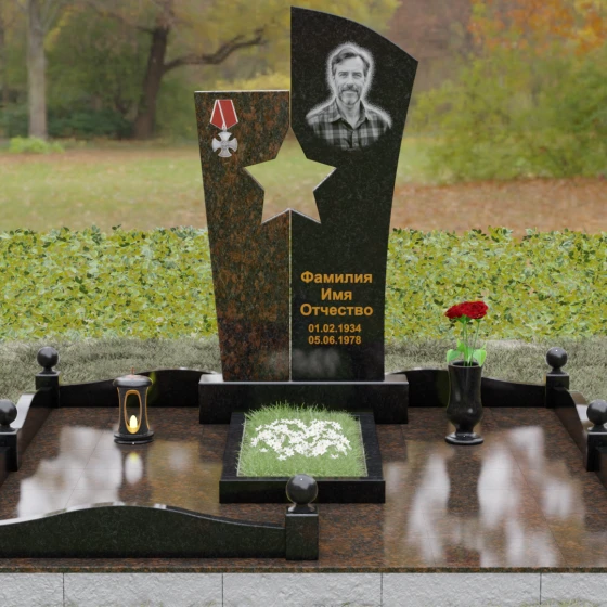 Вертикальный Комбинированный памятник для одного в Ижевске, гранит Габбро-диабаз, вид 2