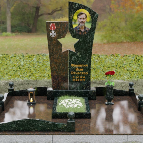 Вертикальный Комбинированный памятник для одного в Ижевске, гранит Балтик грин, вид 2
