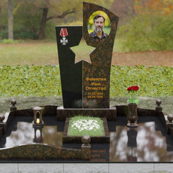 Вертикальный Комбинированный памятник для одного в Ижевске, гранит Дымовский, вид 2