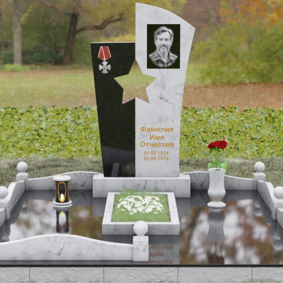 Вертикальный Комбинированный памятник для одного в Ижевске, мрамор Тассос, вид 2