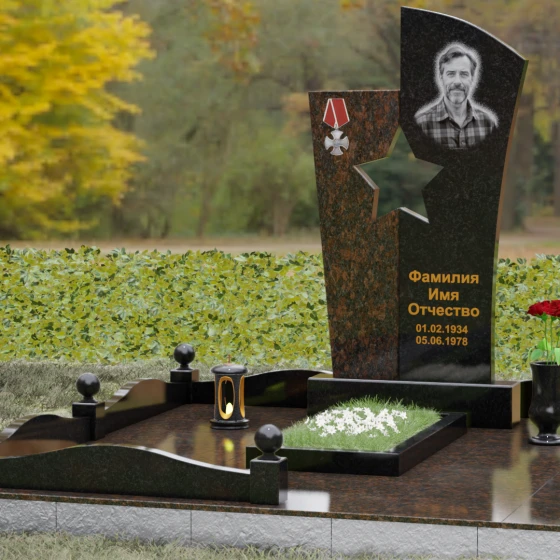 Вертикальный Комбинированный памятник для одного в Ижевске, гранит Габбро-диабаз, вид 4