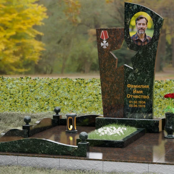 Вертикальный Комбинированный памятник для одного в Ижевске, гранит Балтик грин, вид 4
