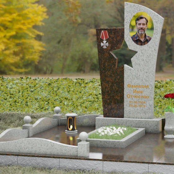 Вертикальный Комбинированный памятник для одного в Ижевске, гранит Мансуровский, вид 4