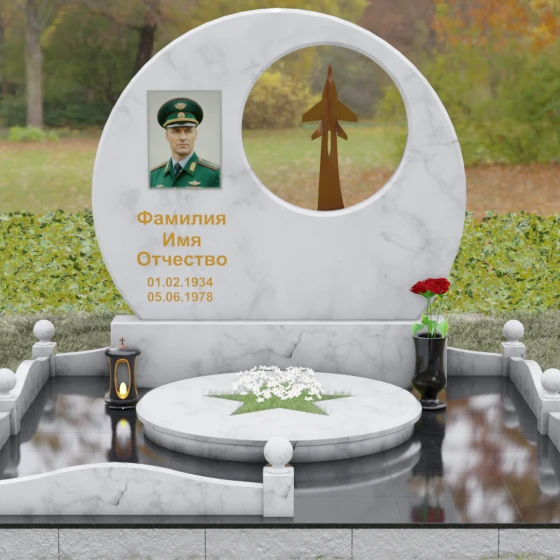 Горизонтальный памятник из гранита и металла в Набережных Челнах, мрамор Тассос, вид 2