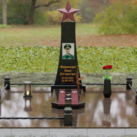 Гранитный мемориал со звездой и автоматом Калашникова, гранит Габбро-диабаз, вид 2, в Москве