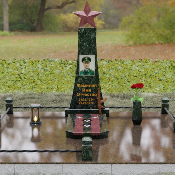 Гранитный мемориал со звездой и автоматом Калашникова, гранит Балтик грин, вид 2, в Москве