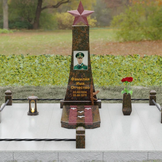 Гранитный мемориал со звездой и автоматом Калашникова, гранит Дымовский, вид 2, в Москве