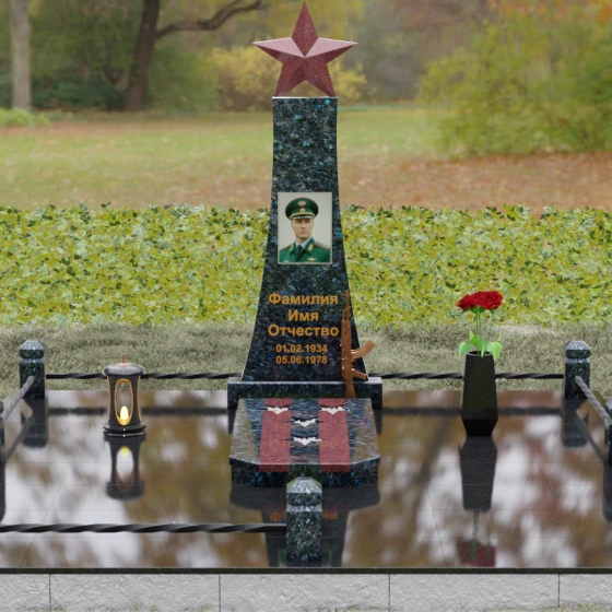 Гранитный мемориал со звездой и автоматом Калашникова, гранит Блю Перл, вид 2, в Москве
