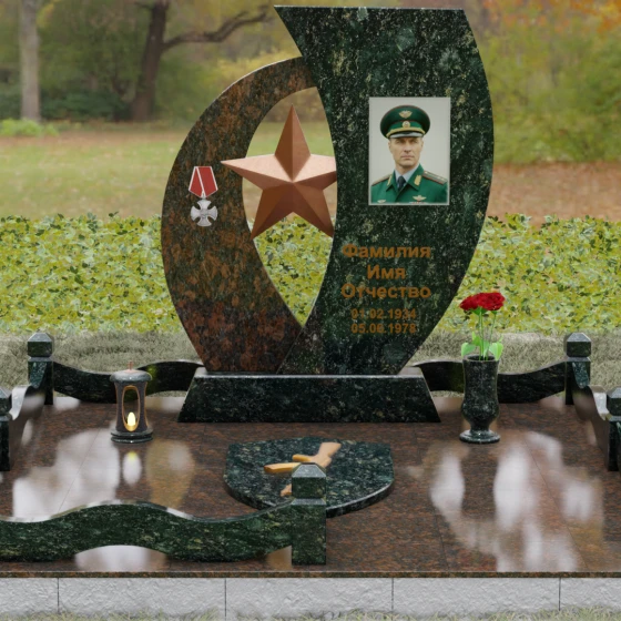 Вертикальный комбинированный памятник на одного в Ханты — Мансийске, гранит Балтик грин, вид 2, в Ханты-Мансийске