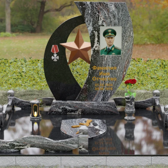 Вертикальный комбинированный памятник на одного в Ханты — Мансийске, гранит амфиболит, вид 2, в Ханты-Мансийске